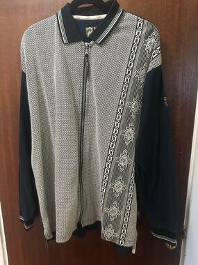90s Men's Navy and White Zip-Front Knit Sweater with Patterned Stripe